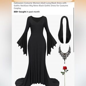 Elegant Black Gothic Costume Dress with Necklace and Wig